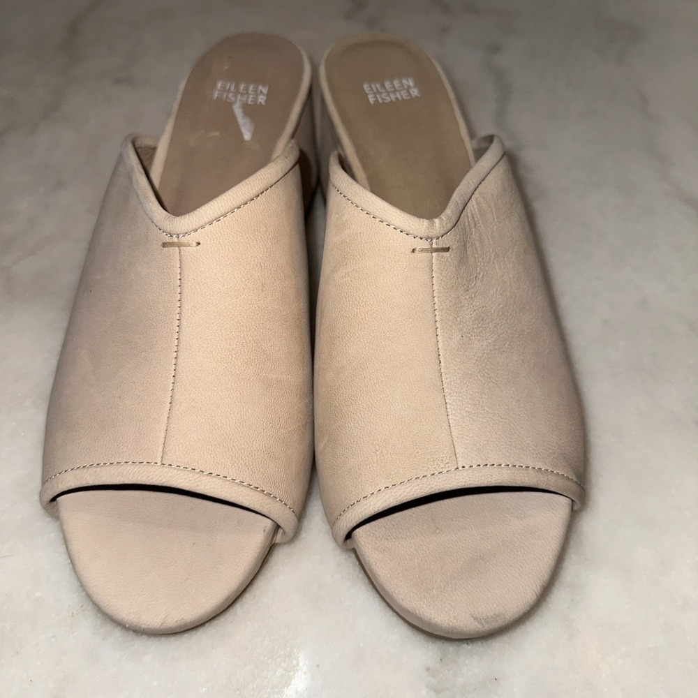 Eileen Fisher Fala Tumbled Nubuck Nude Block‎ Heel Slide Black Womens 10